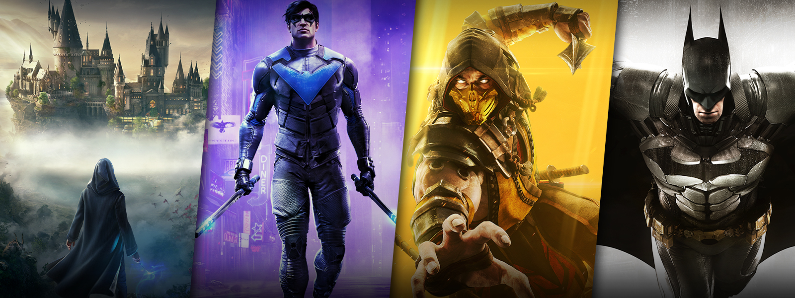 Character art from games that are part of the Warner Bros. 100th Anniversary Sale, including Hogwarts Legacy Xbox Series X|S Version, Gotham Knights, and Mortal Kombat 11.