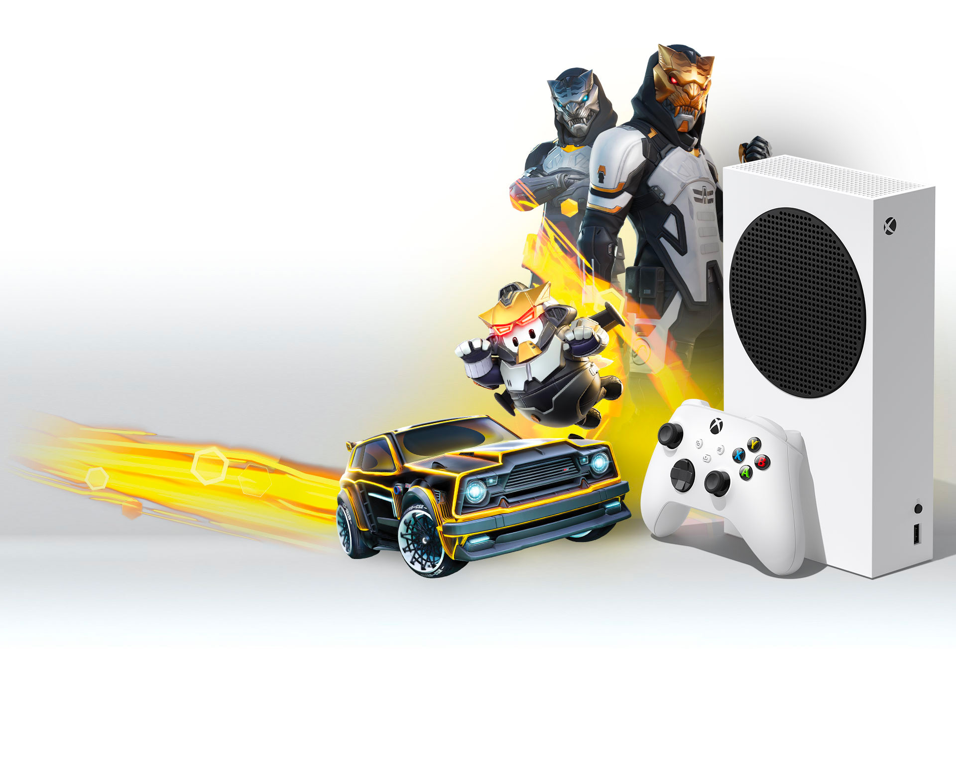Egy Xbox Series S látható a Gilded Hunter Pack csomag tartalma előtt, köztük a Fortnite, a Rocket League és a Fall Guys elemeivel.