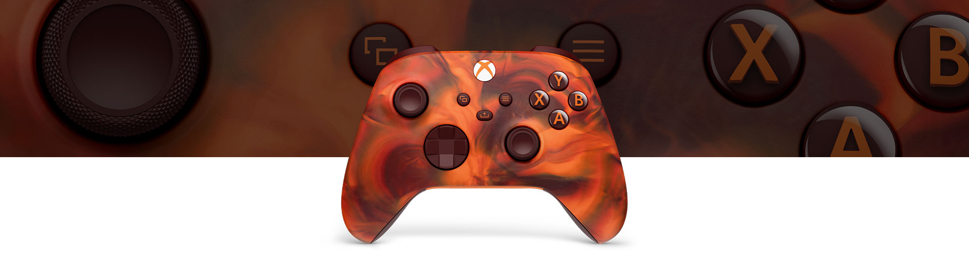 Front view of Xbox Wireless Controller – Fire Vapor Special Edition with close-up view in the background.