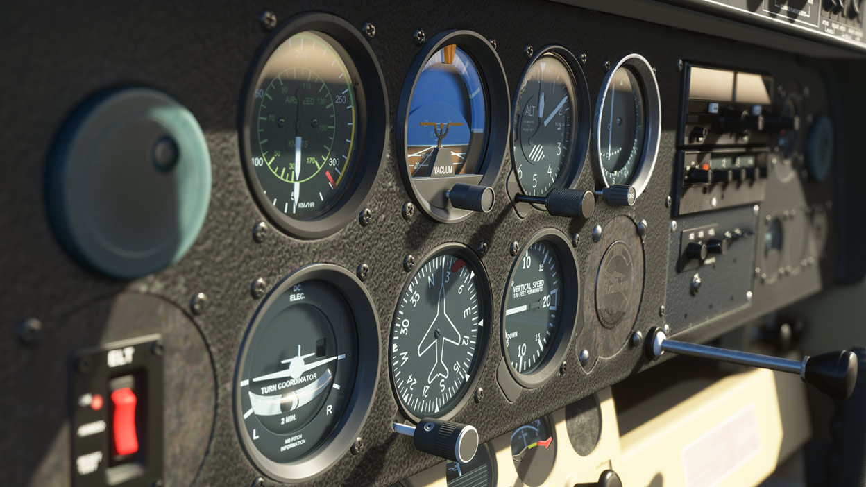 Styregrejer i et fly fra Microsoft Flight Simulator