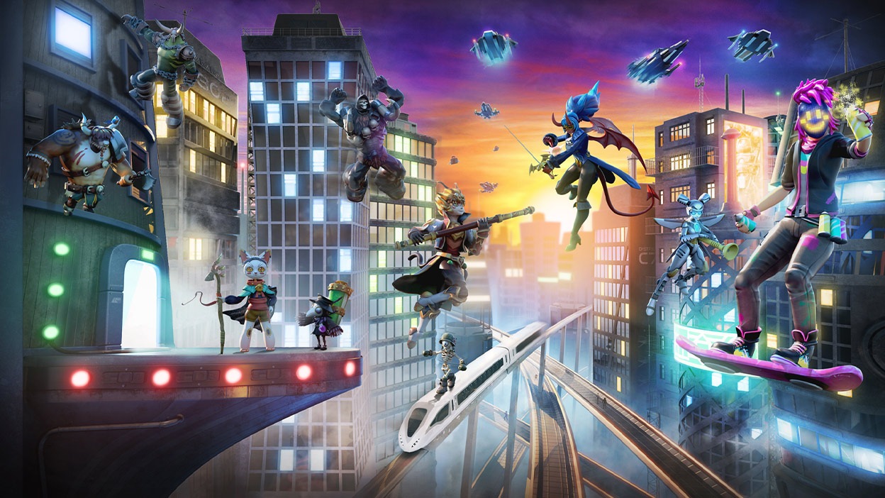Personagens do Roblox a voar sobre uma paisagem urbana