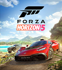Cars from Forza Horizon 5 moving fast through a dirt road by water and many plants.