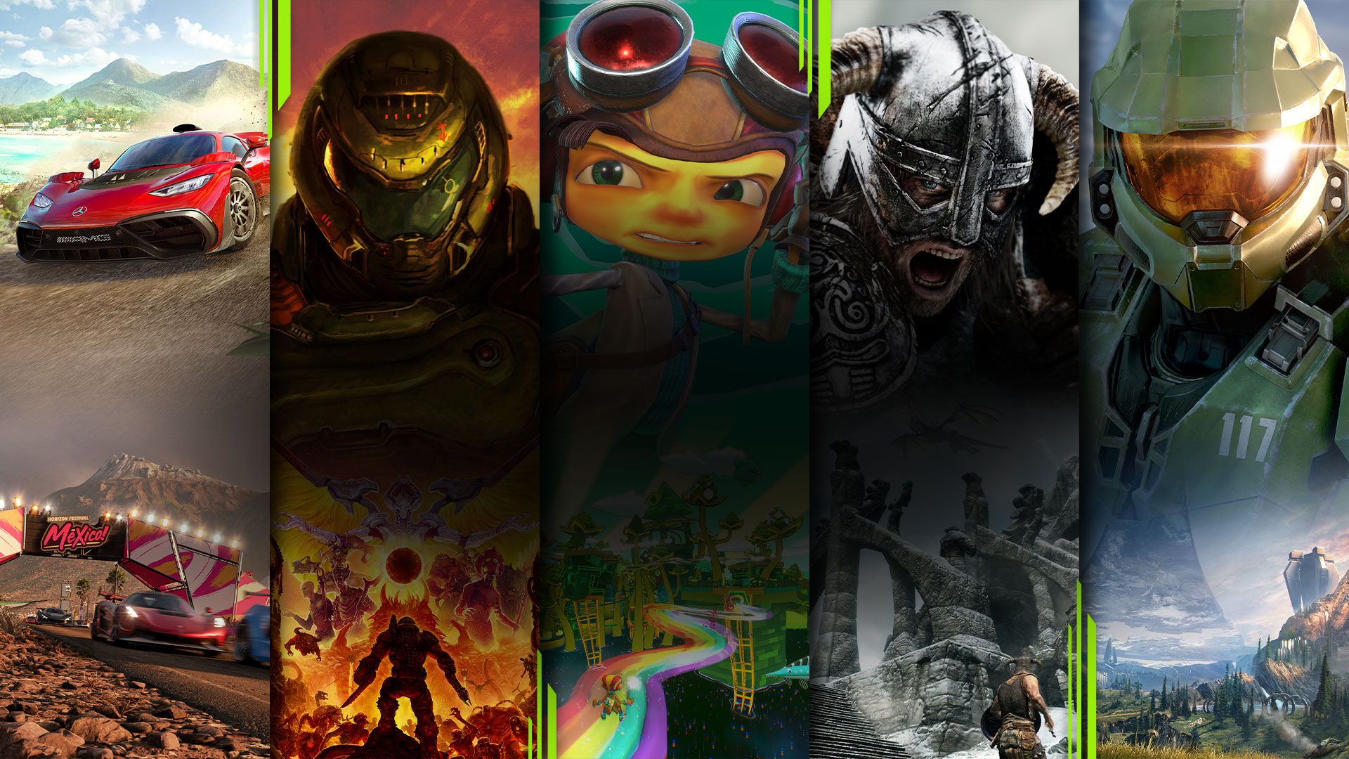 Game art from multiple games available with Xbox Game Pass including Forza Horizon 5, Doom Eternal, Psychonauts 2, The Elder Scrolls V – Skyrim and Halo Infinite.