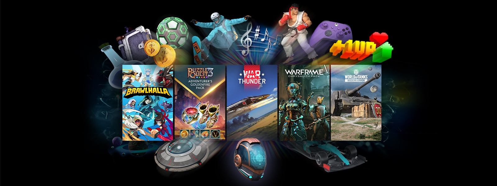 Boxart of games included in the Free to Play Frenzy Sale, including BRAWLHALLA - ALL LEGENDS PACK, Puzzle Quest 3 - Adventurer's Goldenfire Pack, and Warframe: Angels of the Zariman Chrysalith Pack.