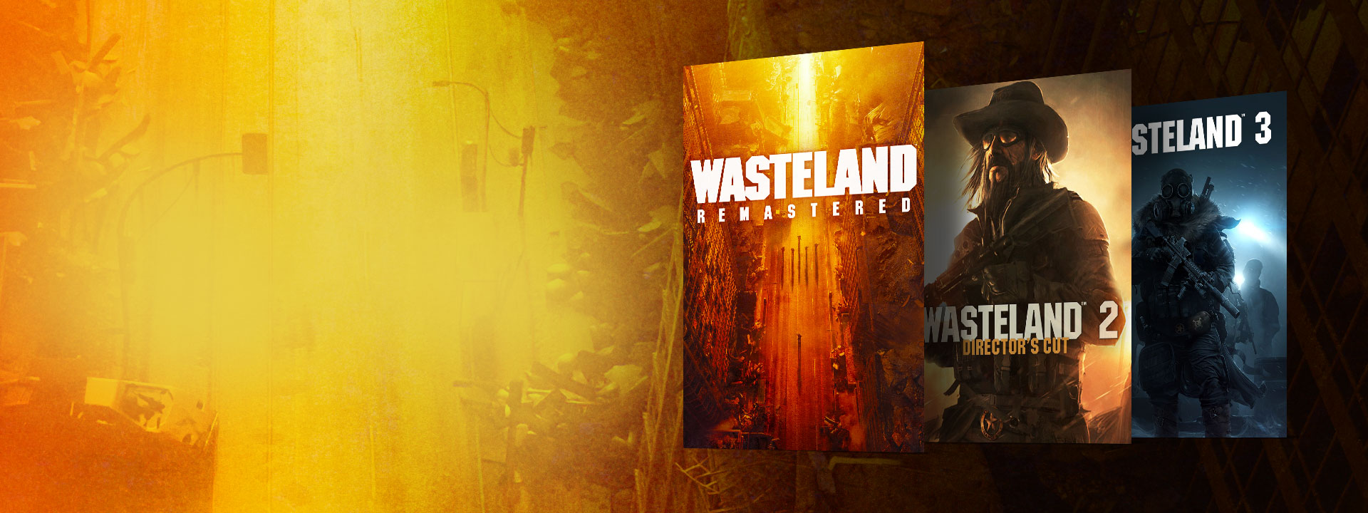 Imagens das caixas do Wasteland Remastered, Wasteland 2 Director’s Cut e Wasteland 3. Um fundo com uma rua abandonada em tons amarelos e laranja