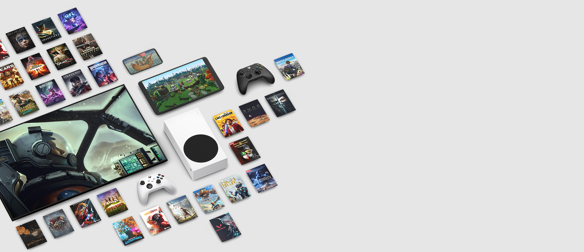Xbox Game Pass Ultimate에서 지금 플레이할 수 있는 여러 게임이 콘솔, 휴대폰, 태블릿, 스마트 TV, 컨트롤러 등 여러 디바이스를 둘러싸고 있는 게임 아트.