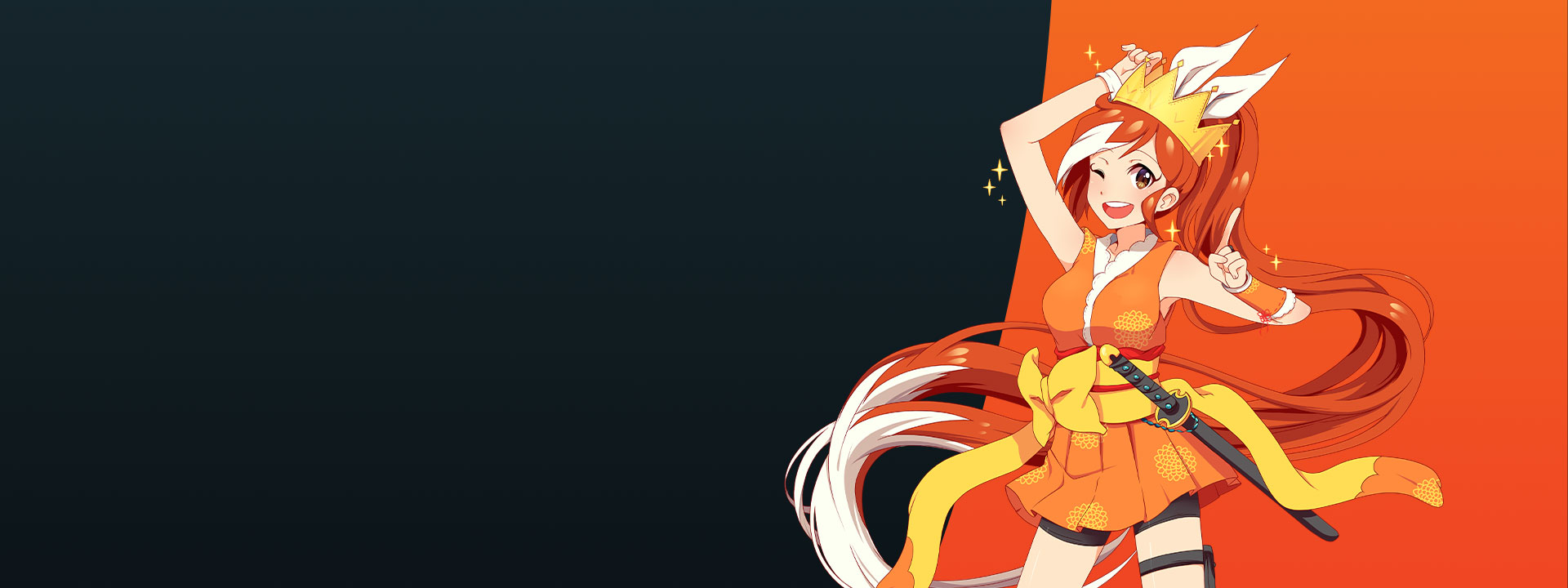 Female anime character on a black and orange background.