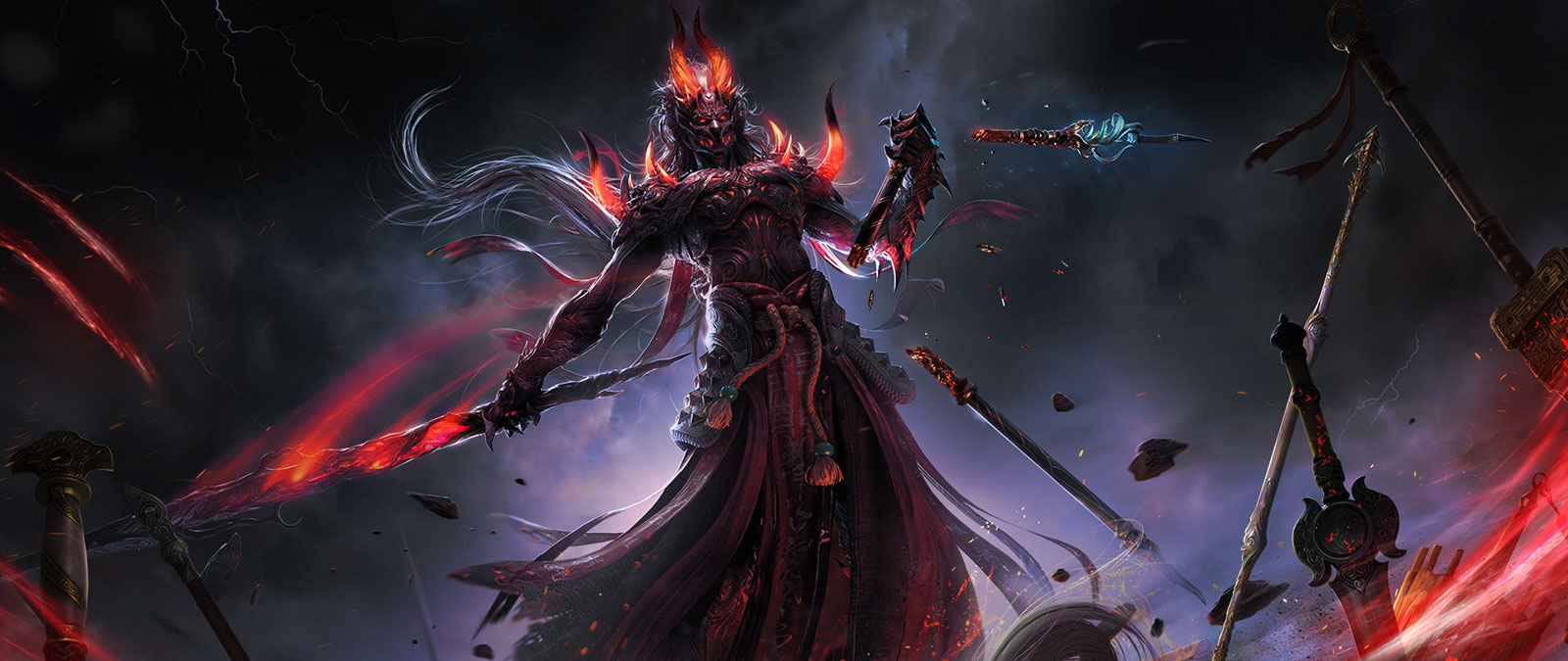 A demon stands confidently in a lightning storm as weapons levitate around him.