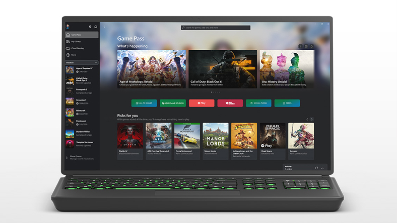 Un portátil que muestra la interfaz de usuario de la app Xbox para PC Windows