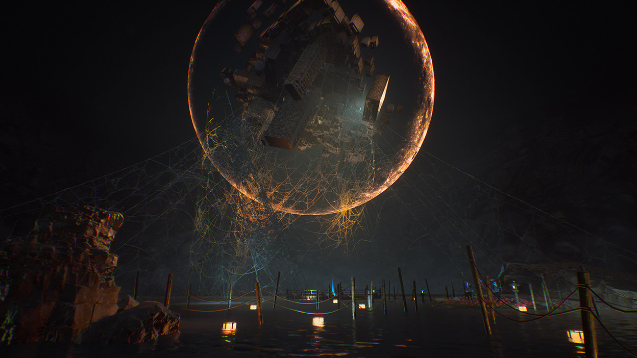 A web of shipping crates hang suspended in the sky against the backdrop of a dark moon.