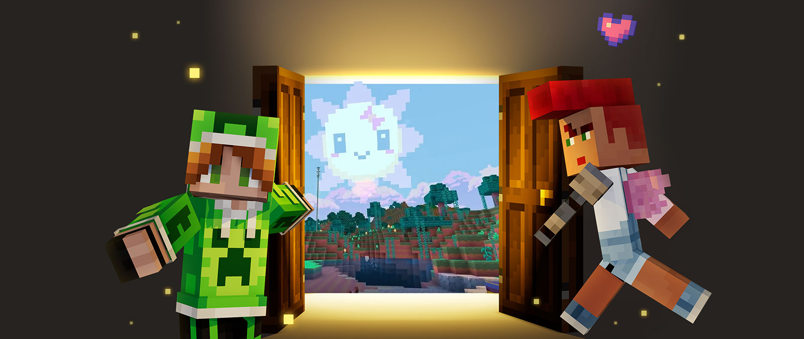 Deux personnages de Minecraft vous accueillent près d’une porte donnant sur le monde de Minecraft.