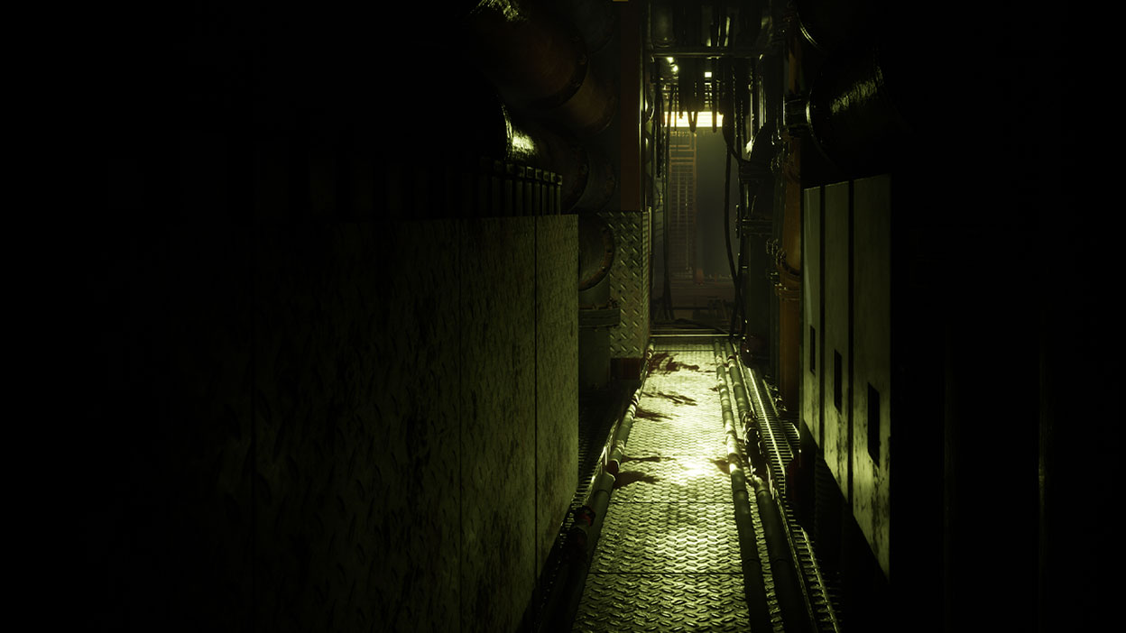 A dark and narrow passage leading to a small light at the end.
