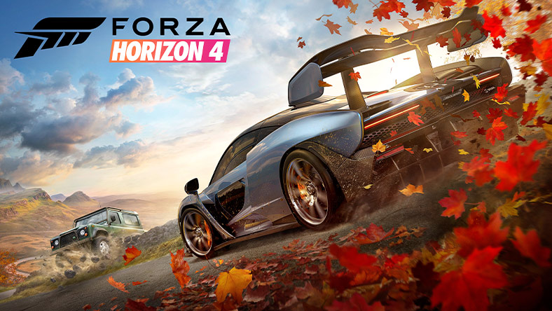 Forza Horizon 4, un rover fracasse un mur de pierres tandis qu’une super voiture fait voler des feuilles.