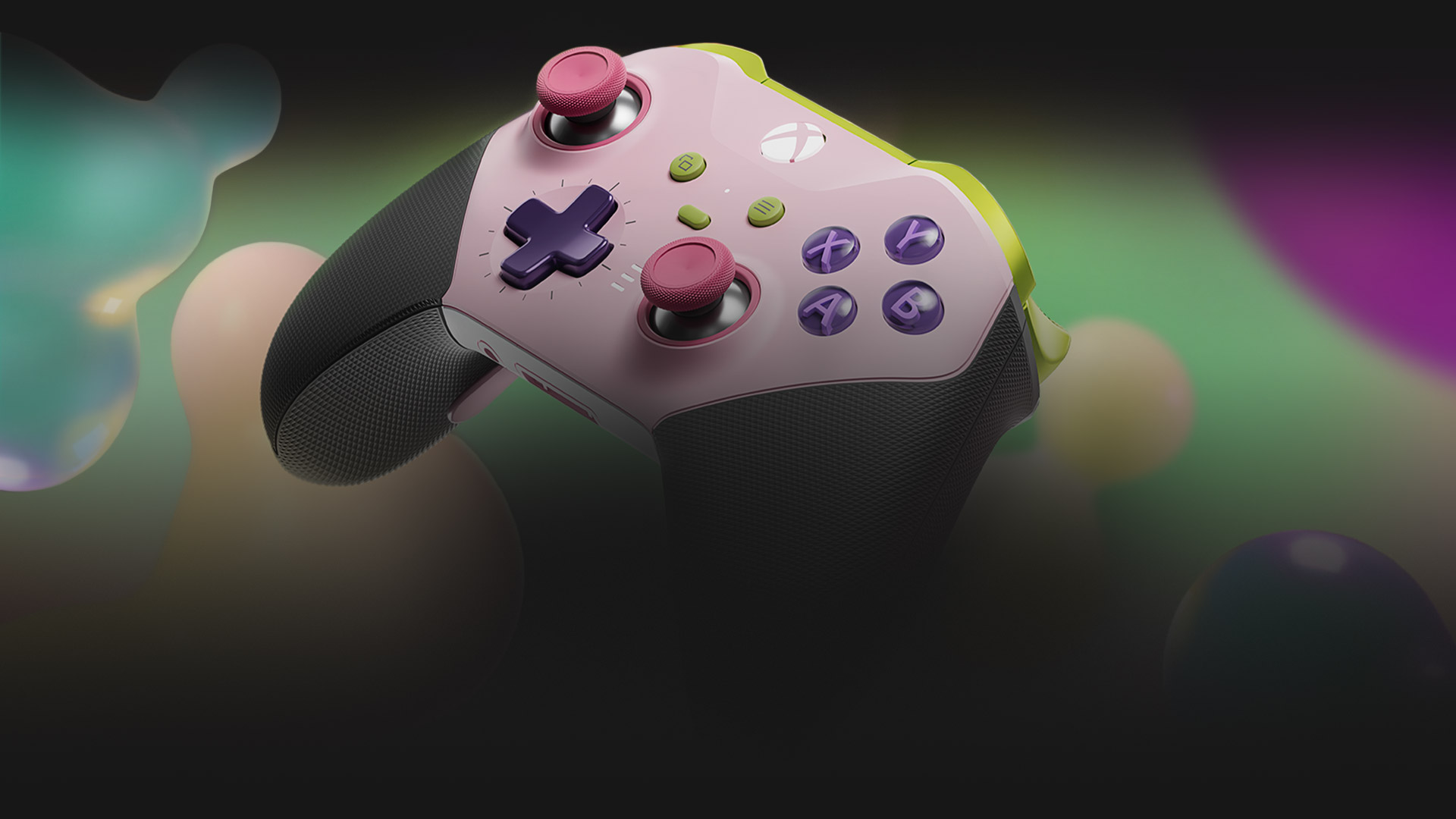 Manette sans fil Xbox Elite Series 2 personnalisée avec le Xbox Design Lab devant un arrière-plan coloré avec des bulles en 3D.