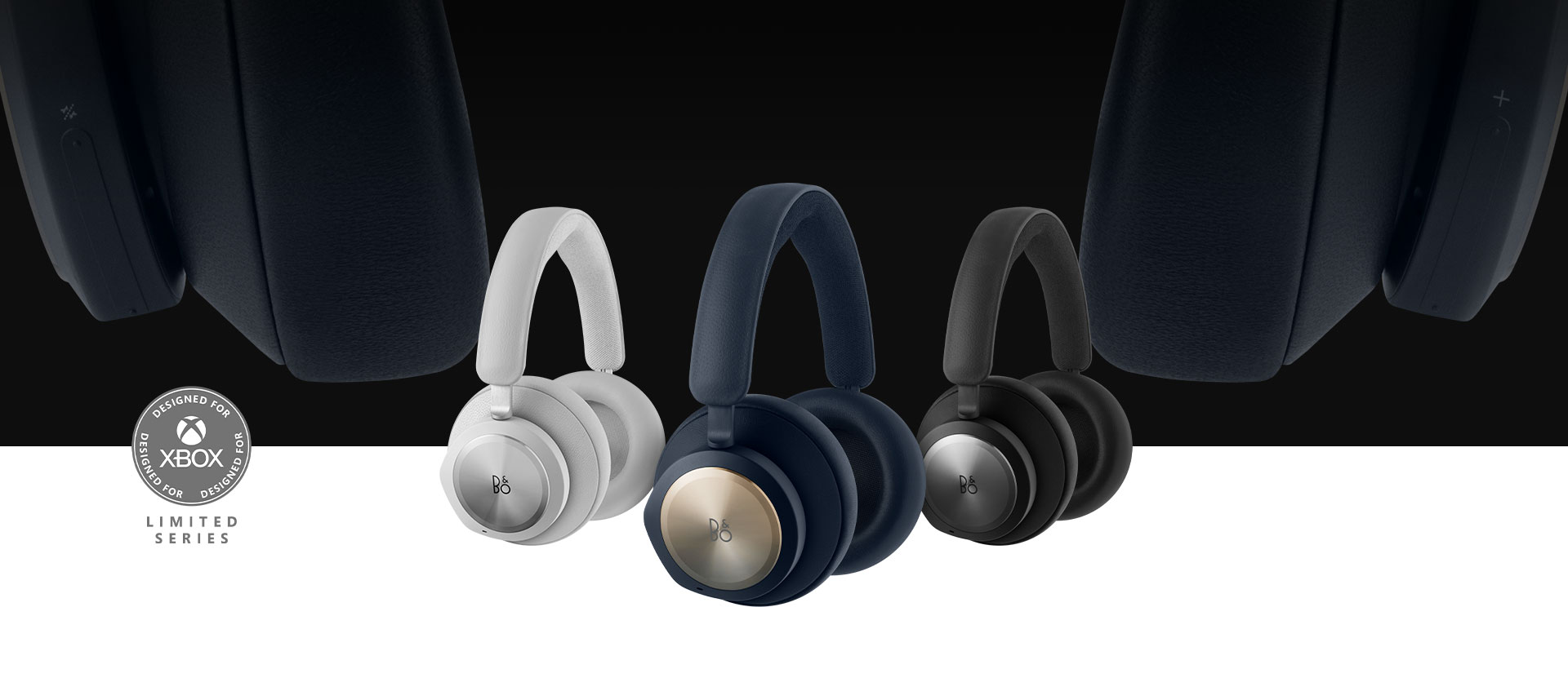Designed for Xbox badge, Limited Series, Bang and Olufsen navy headset in front with the black and grey headset beside it