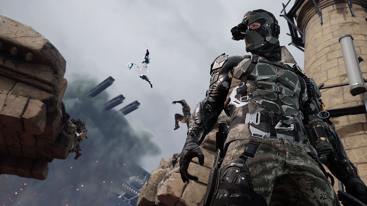 A mercenary with night vision and advanced plate armor stands in front of a collapsing bridge.