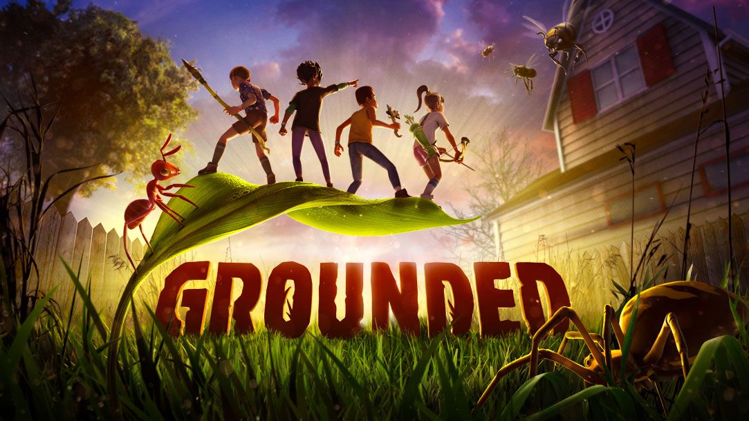 Grounded、小型の人間の子供 4 人を抱えた、葉の前の草の中を歩く大きなクモのアニメーション