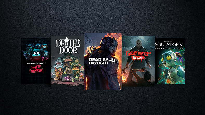 Box art from games that are part of the ID@Xbox Thrills and Chills Sale, including Dead by Daylight, Death's Door, and Five Nights at Freddy's: Help Wanted. 