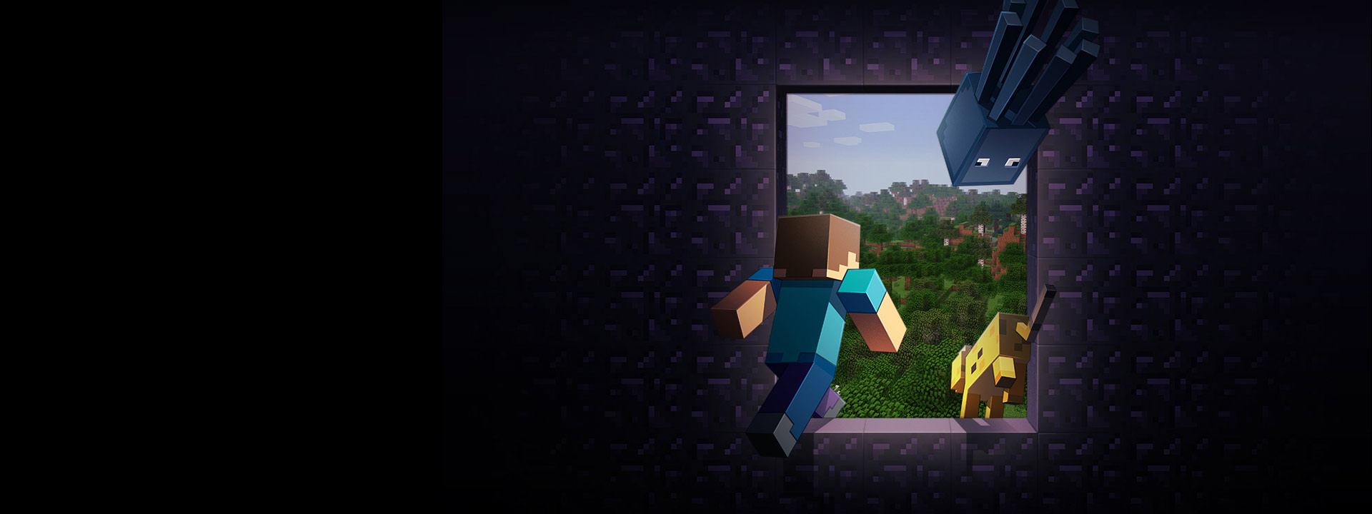 Jogador do Minecraft a passar por uma janela para o mundo do Minecraft