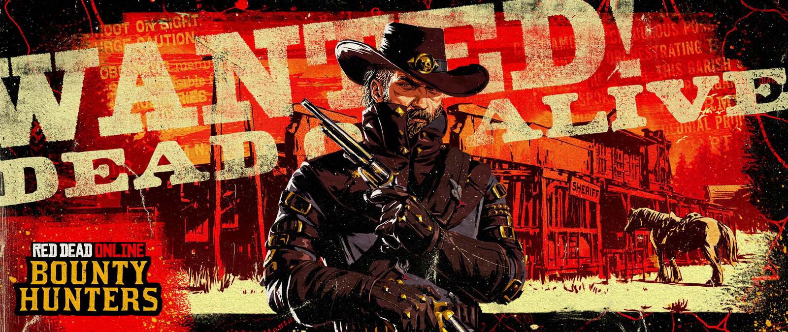 Red Dead Online: Bounty Hunters.指名手配中！生死を問わず。古い保安官事務所を背にして 2 丁のリボルバーを構えるカウボーイ。