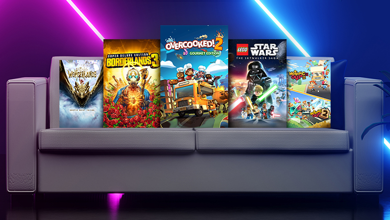 Box art from games included in the Couch Co-op Sale, including Overcooked! 2 Gourmet Edition, LEGO Star Wars: The Skywalker Saga, and Borderlands 3 Super Deluxe Edition.