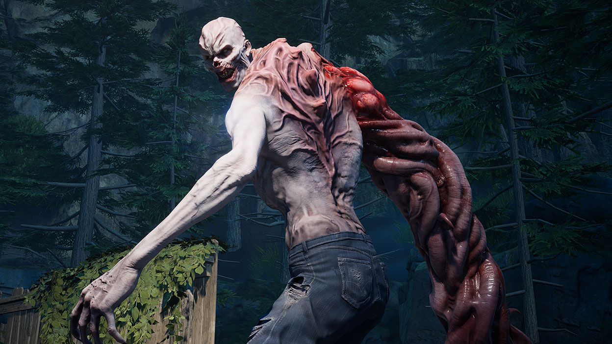 A large zombie with a mutated arm glares ahead.