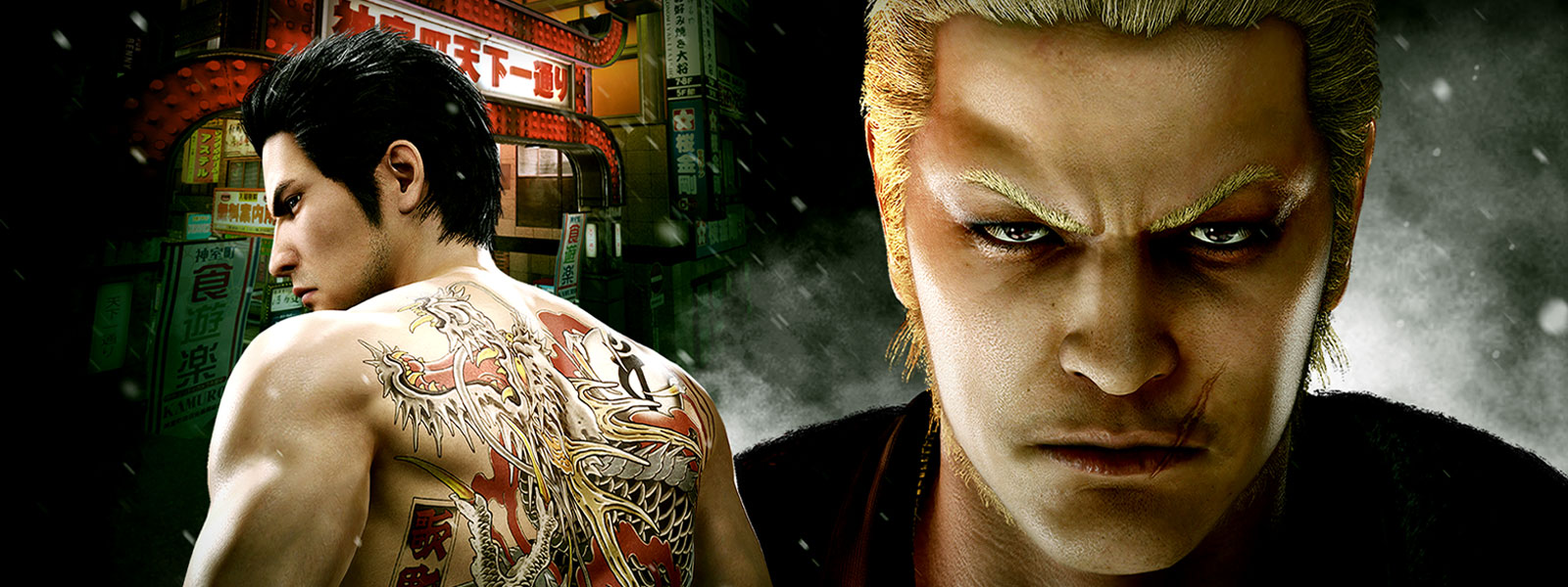 Two Yakuza characters are featured in a gritty nighttime city setting.
