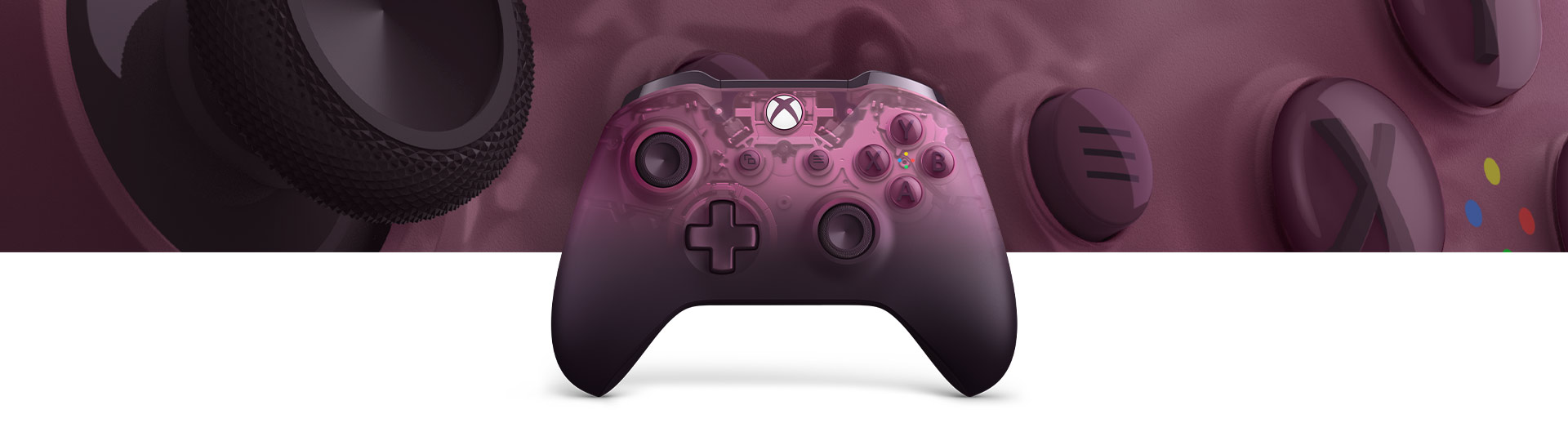 Xbox draadloze controller – Phantom Magenta Special Edition met een close-up van het structuuroppervlak van de controller