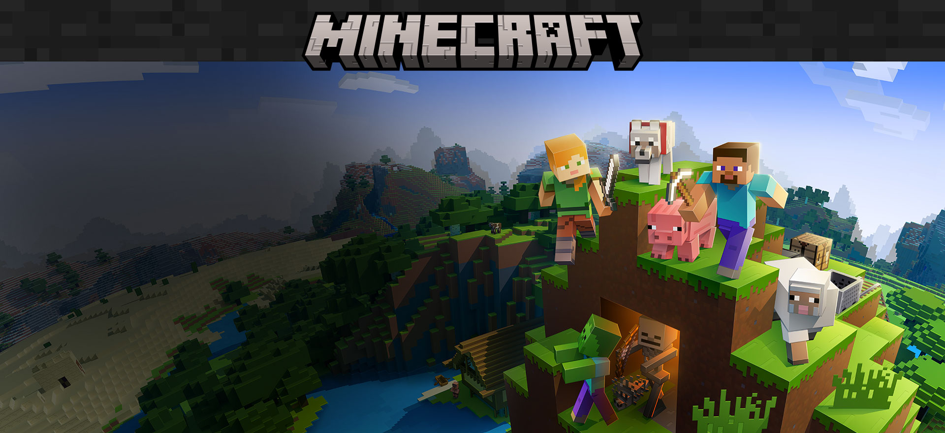 Logo Minecraft z postaciami z gry na tle zbudowanego z bloków otoczenia