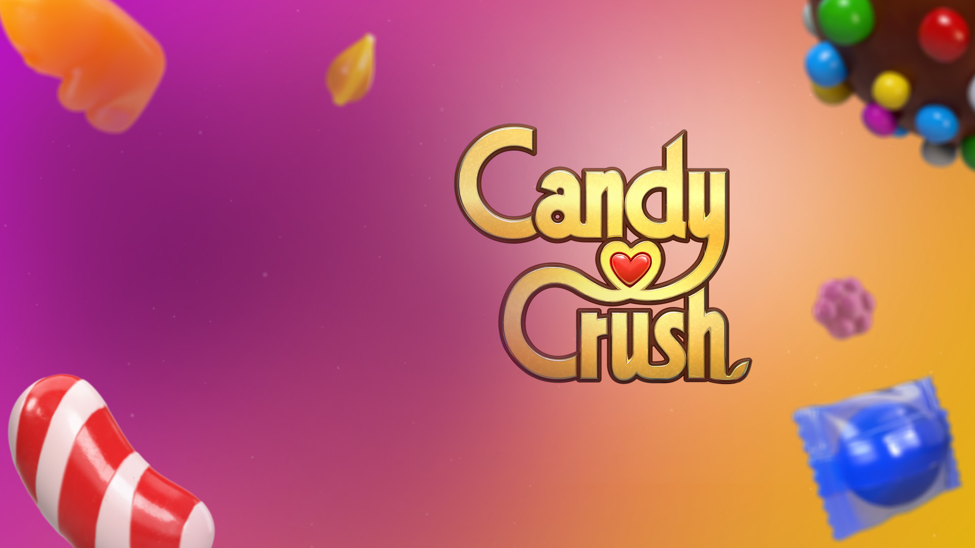 Multiple pieces of candy float around the Candy Crush logo.