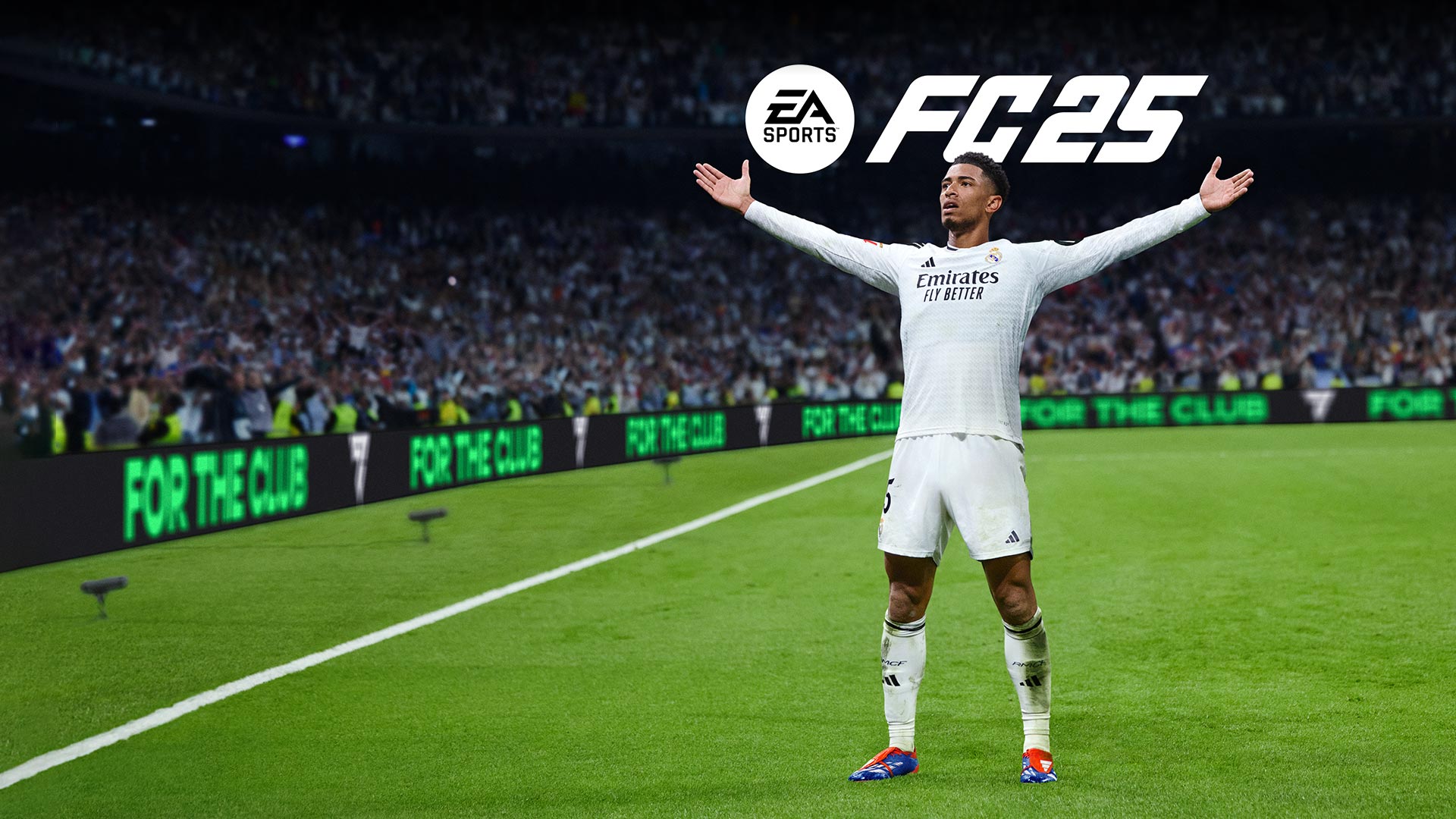 EA Sports FC 25-emléma, egy futballista, aki a karjait kitárva egy nagy tömeg előtt áll a pályán.