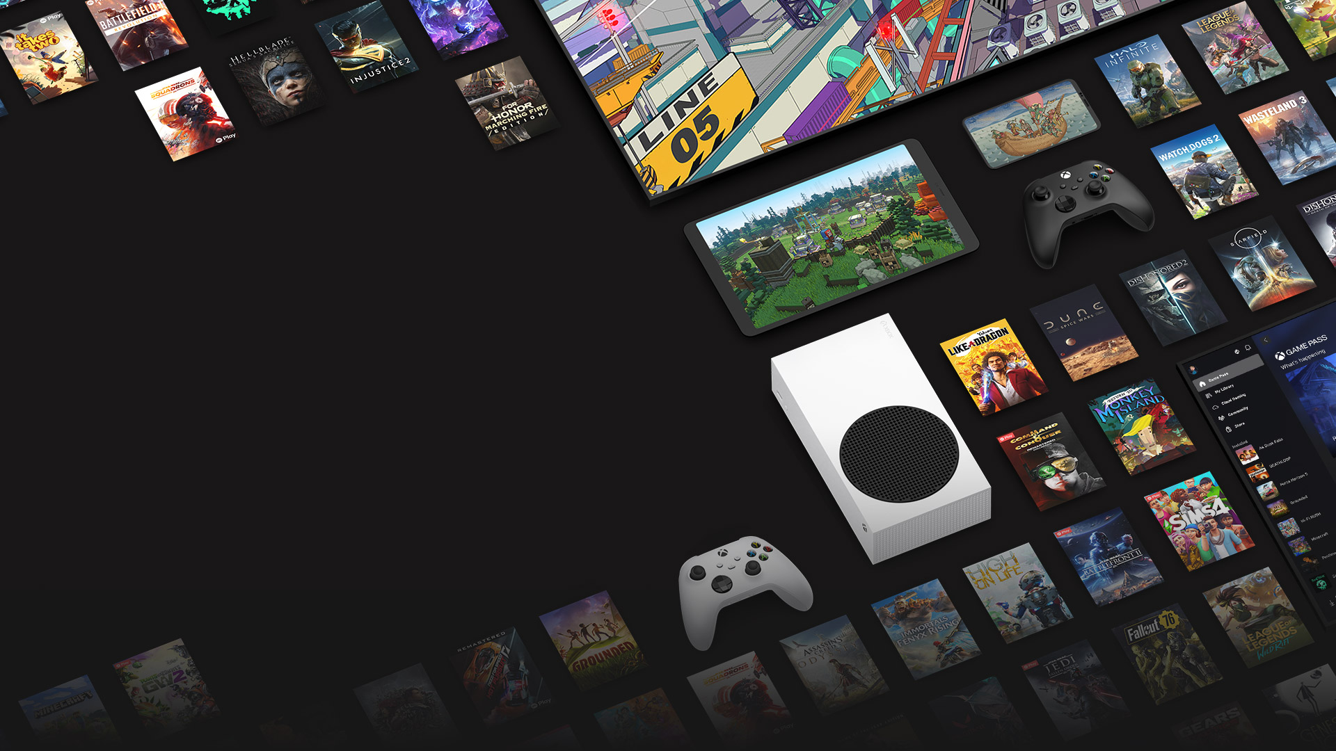 Game art from multiple games available now with Xbox Game Pass Ultimate surround multiple devices, including a console, PC, tablet and smart TV.