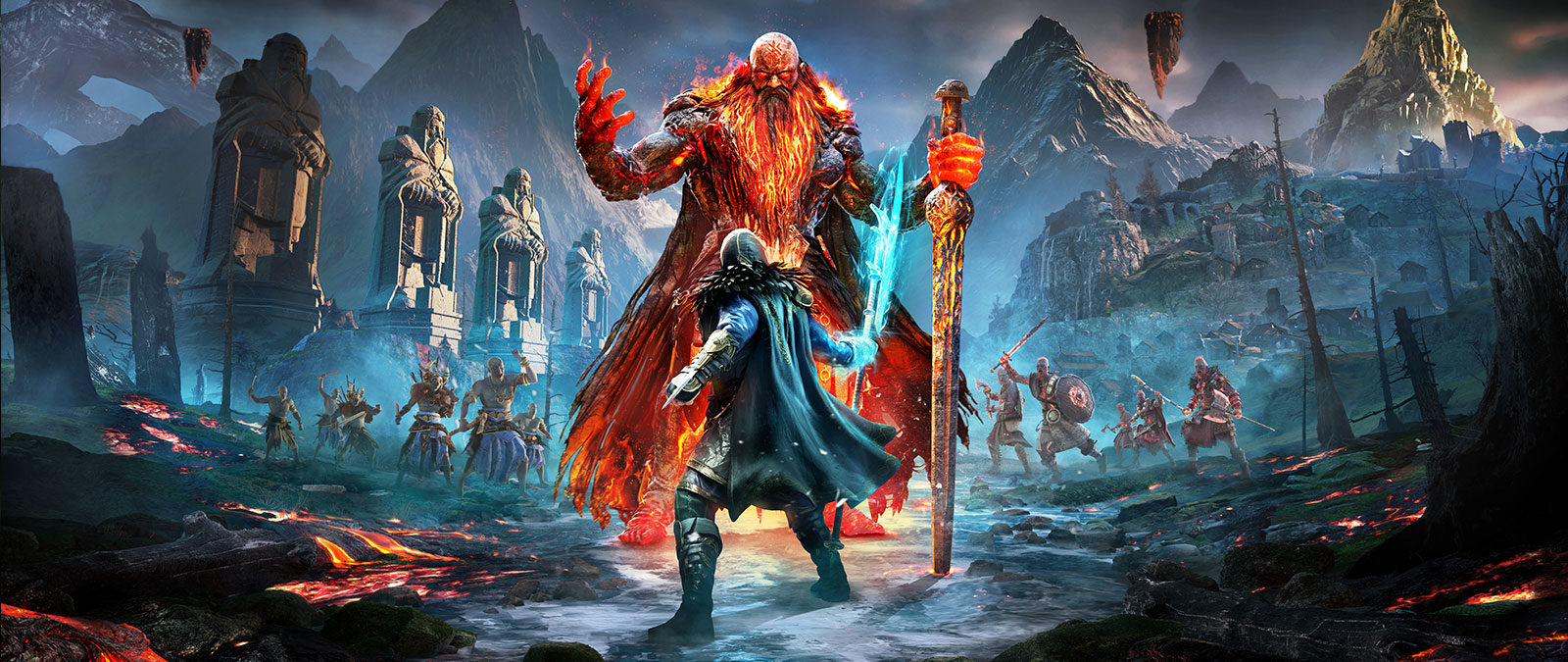Empunhando uma lança azul brilhante, Odin enfrenta o gigante do fogo, Surtr.