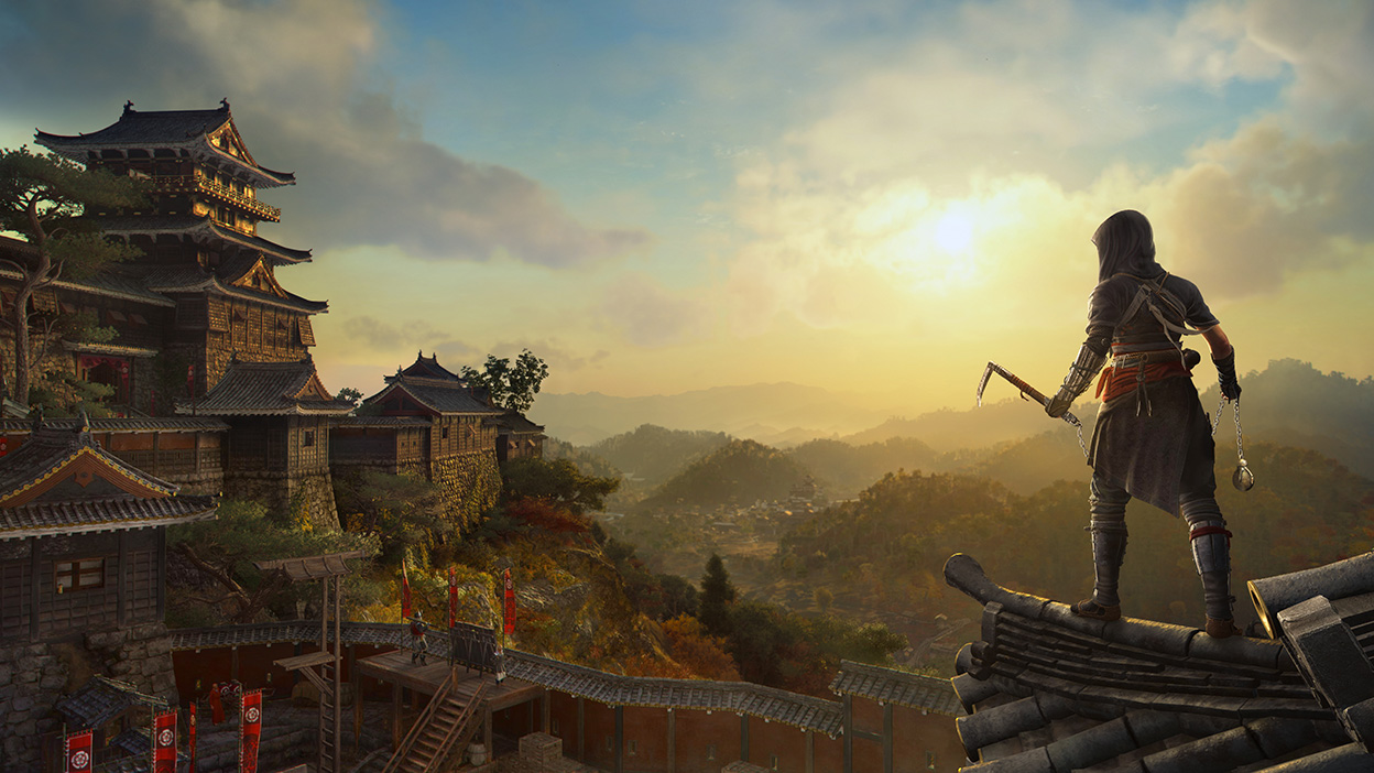 At sunset, Naoe looks out over a castle town and the surrounding landscape.