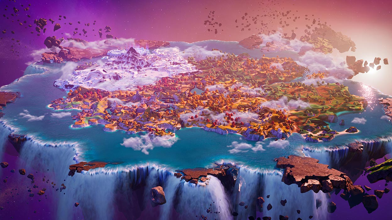 A wide-open view of the Fortnite island floating in space as the island crumbles.