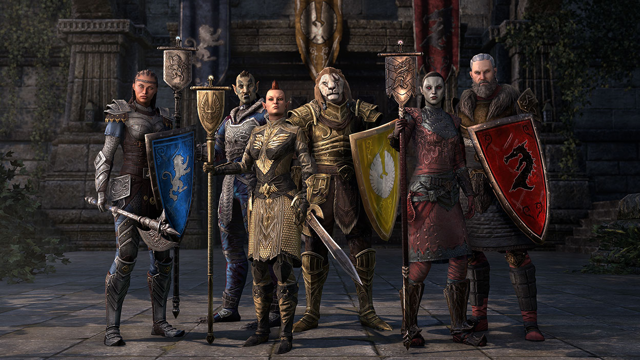 En guild af seks eventyrere viser deres bannere.
