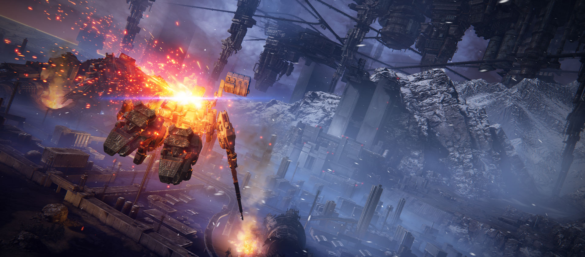 Armored Core 6, Fires of Rubicon, ateşli jeti olan bir meka daha büyük bir düşman mekasına doğru uçuyor
