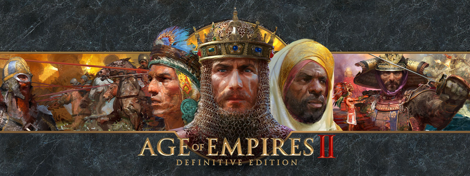 Logo di Age of Empires II: Definitive Edition su uno sfondo grigio ardesia con vari comandanti e i loro eserciti