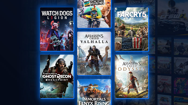 Box art for numerous Ubisoft titles including Watch Dogs Legion, Riders Republic, and Immortals Fenyx Rising