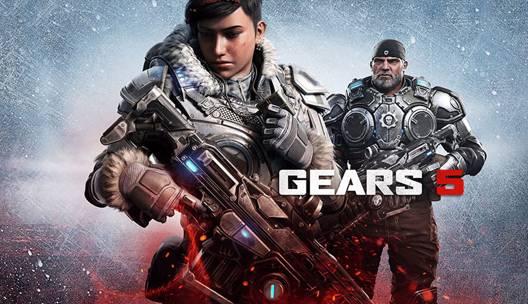 Gears 5, Kait en Marcus poseren in zware uitrusting.