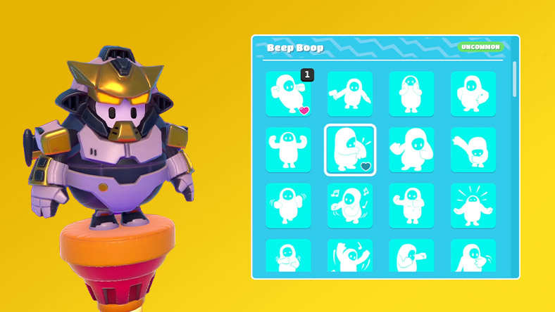 Un personaggio di Fall Guy con il costume Falltron Ultra vicino a una schermata di selezione di emote in Fall Guys.