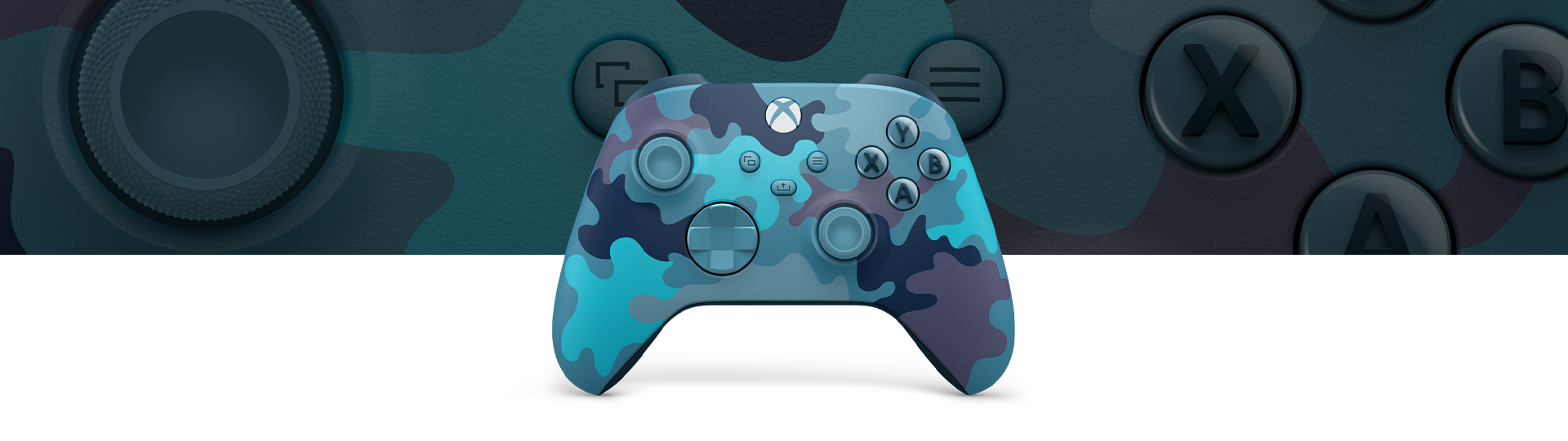  Xbox Wireless Controller Mineral Camo in front of a close up of the controller