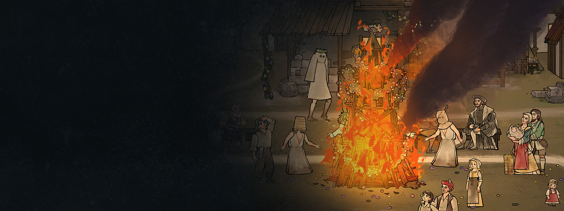 Characters dancing around a fire