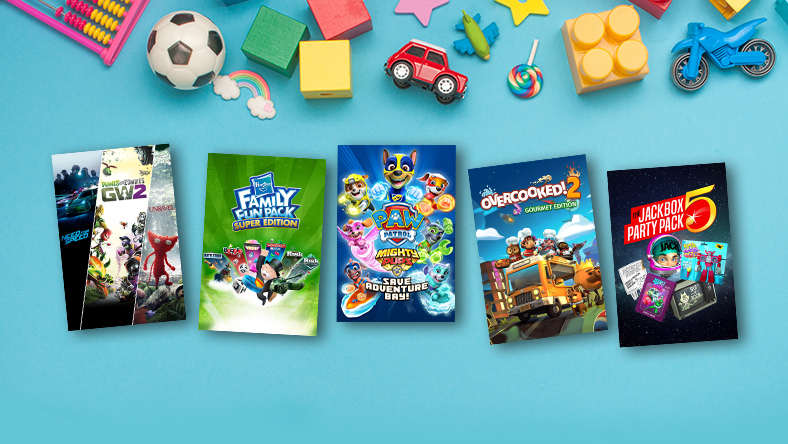 Box art from games that are part of Family Time Sale, including EA Family Bundle, PAW Patrol Mighty Pups Save Adventure Bay, and Overcooked! 2 – Gourmet Edition.
