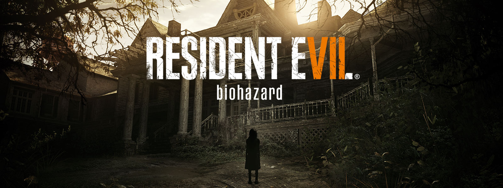 Resident Evil 7 Biohazard Gold Edition boxshot over scene of spooky girl standing in front of haunted house