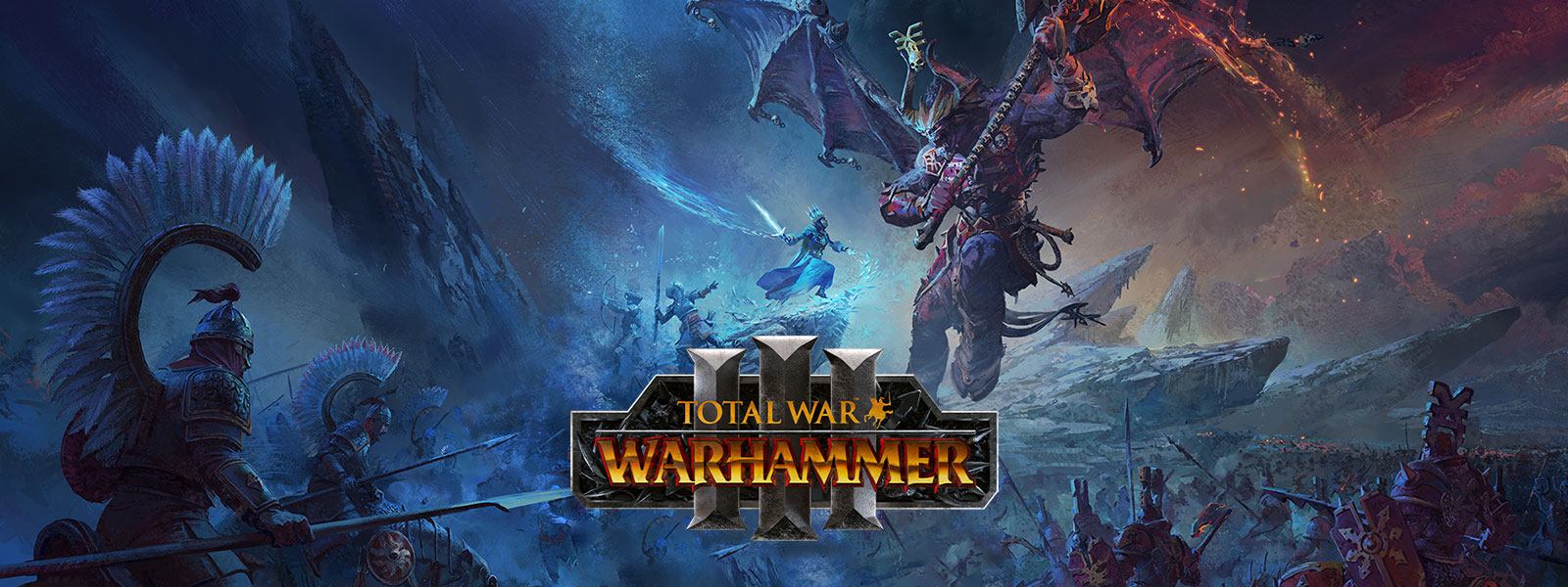 Total War Warhammer 3, Um feiticeiro de gelo enfrenta um dragão demónio gigante sobre um campo de batalha.