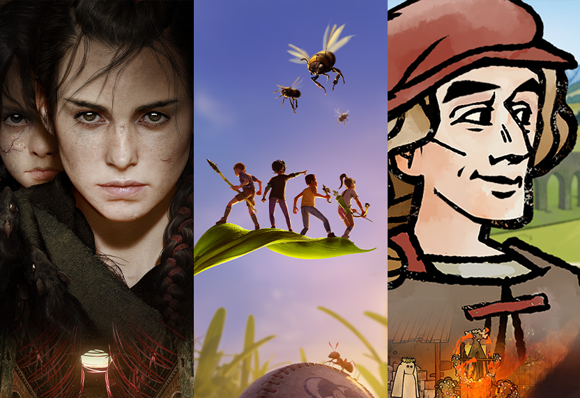 Game art from three titles arriving day one on game pass including A Plague Tale: Requiem, Grounded, and Pentiment.