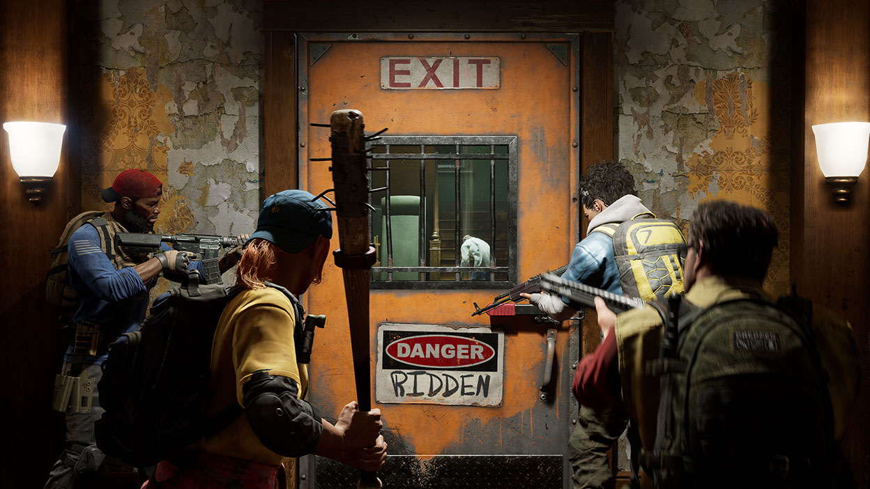 Zombies crowd behind a closed door that reads “EXIT, Danger Ridden”.