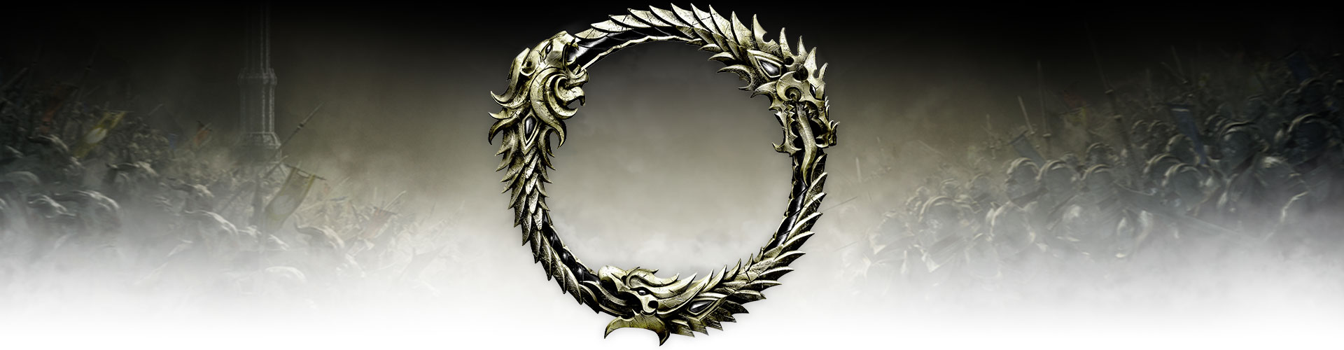 Et metall Ouroboros -symbolet vist overlagret på toppen av en voldsom slagmark