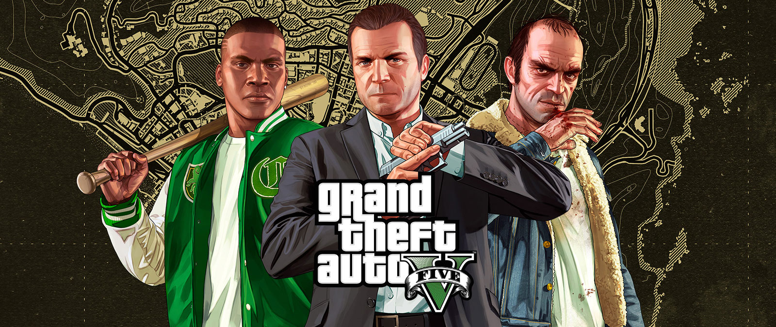 Grand Theft Auto V, Franklin Clinton, Michael de Santa, and Trevor Phillips stand in front of a map of Los Santos